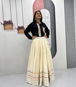 NAVRATRI WEAR BLACK-OFF-WHITE COTTON SOLID FLARED LEHENGA WITH SHIRT FULL STITCHED