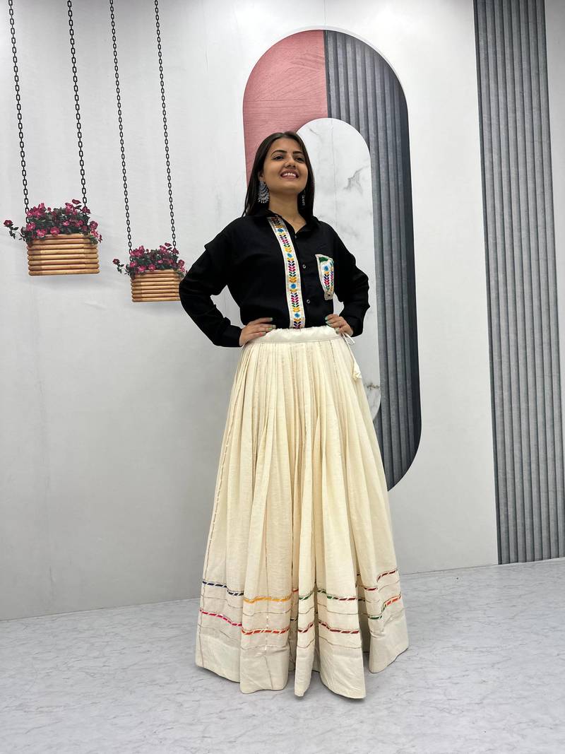 NAVRATRI WEAR BLACK-OFF-WHITE COTTON SOLID FLARED LEHENGA WITH SHIRT FULL STITCHED