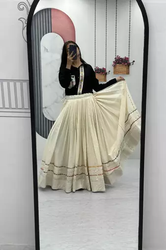 NAVRATRI WEAR BLACK-OFF-WHITE COTTON SOLID FLARED LEHENGA WITH SHIRT FULL STITCHED