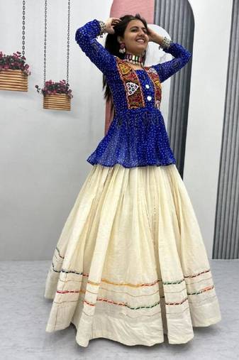 NAVRATRI WEAR BLUE KHADI COTTON FLARED LEHENGA CHOLI FULL STITCHED