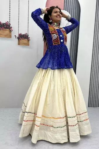 NAVRATRI WEAR BLUE KHADI COTTON FLARED LEHENGA CHOLI FULL STITCHED