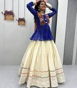 NAVRATRI WEAR BLUE COLOR KHADI COTTON FLARED LEHENGA CHOLI FULL STITCHED.
