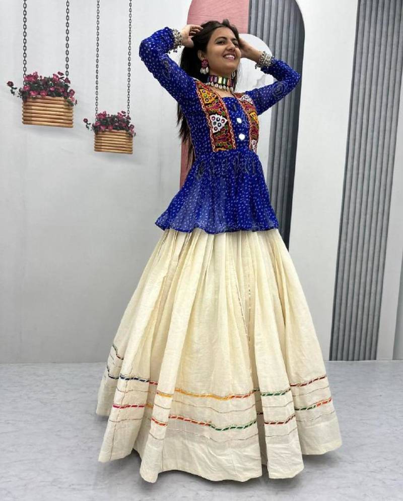 NAVRATRI WEAR BLUE COLOR KHADI COTTON FLARED LEHENGA CHOLI FULL STITCHED.