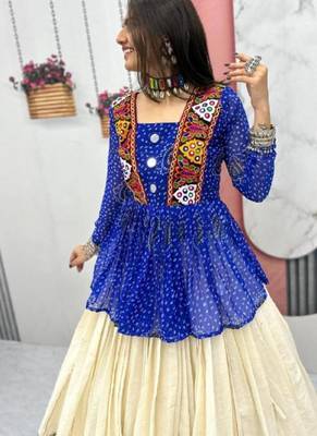 NAVRATRI  BLUE KHADI COTTON FLARED LEHENGA CHOLI FULL STITCHED 2
