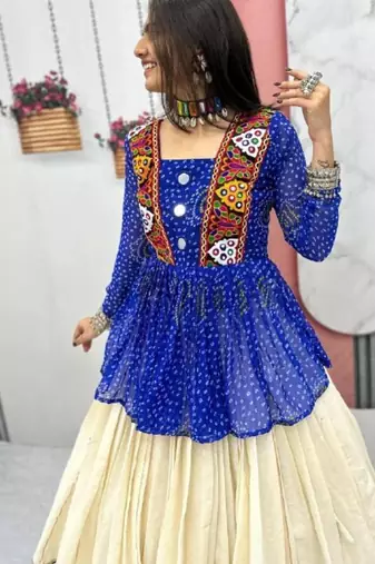 NAVRATRI WEAR BLUE KHADI COTTON FLARED LEHENGA CHOLI FULL STITCHED