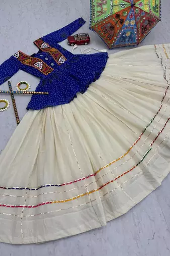NAVRATRI WEAR BLUE KHADI COTTON FLARED LEHENGA CHOLI FULL STITCHED