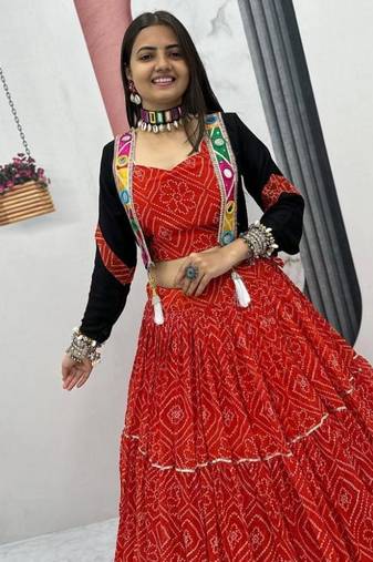 NAVRATRI WEAR RED GEORGETTE BANDHEJ PRINTED RIBBON WORK LEHENGA CHOLI JACKET SET FUL STITCHED