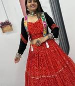 NAVRATRI WEAR RED COLOR GEORGETTE BANDHEJ PRINTED RIBBON WORK LEHENGA CHOLI  JACKET SET FUL STITCHED.