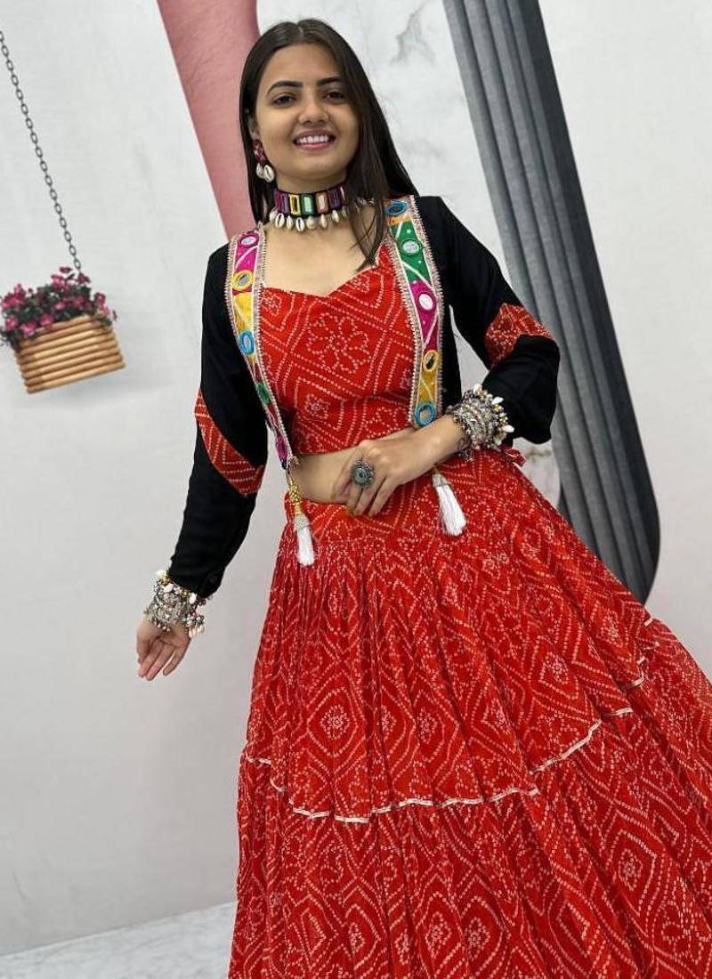 NAVRATRI WEAR RED COLOR GEORGETTE BANDHEJ PRINTED RIBBON WORK LEHENGA CHOLI  JACKET SET FUL STITCHED.