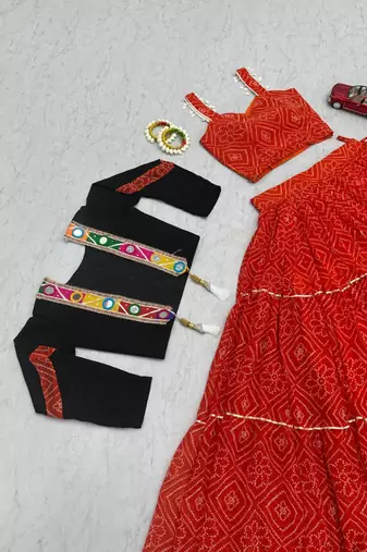 NAVRATRI WEAR RED GEORGETTE BANDHEJ PRINTED RIBBON WORK LEHENGA CHOLI JACKET SET FUL STITCHED