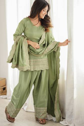 Green glass roman silk farshi suit with embroidery dori & jari work