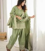 Green glass roman silk farshi suit with embroidery dori & jari work