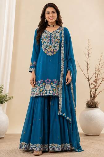 Teal blue chinon silk embroidered sharara suit with dupatta