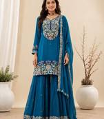 Teal blue chinon silk embroidered sharara suit with dupatta