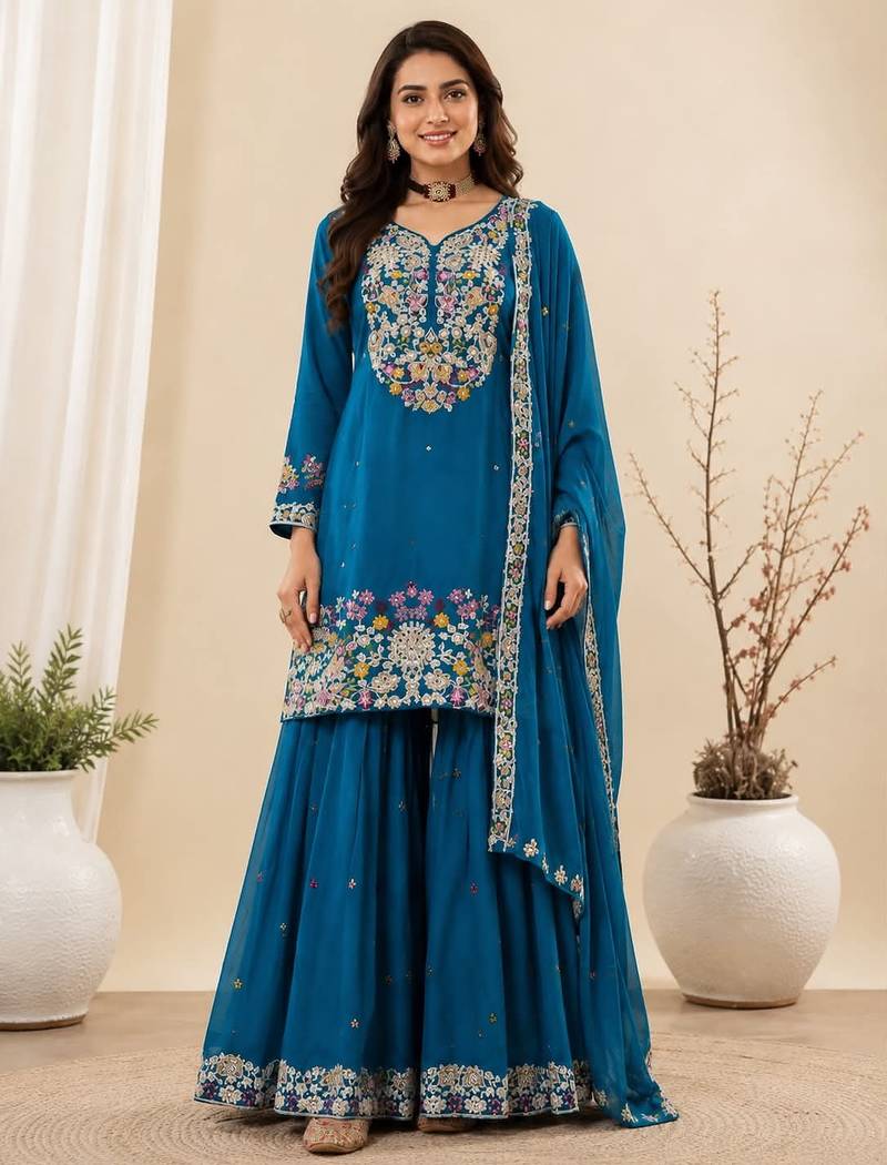 Teal blue chinon silk embroidered sharara suit with dupatta
