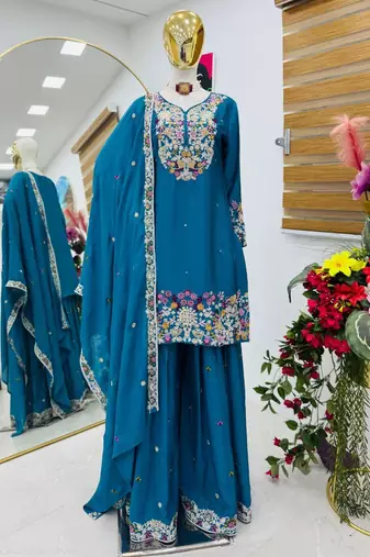 Teal blue chinon silk embroidered sharara suit with dupatta