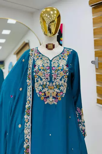 Teal blue chinon silk embroidered sharara suit with dupatta