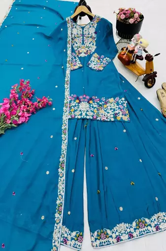 Teal blue chinon silk embroidered sharara suit with dupatta