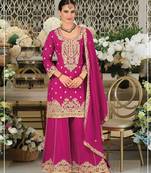 Rani pink heavy blooming chinon silk suit set with zarkhan work