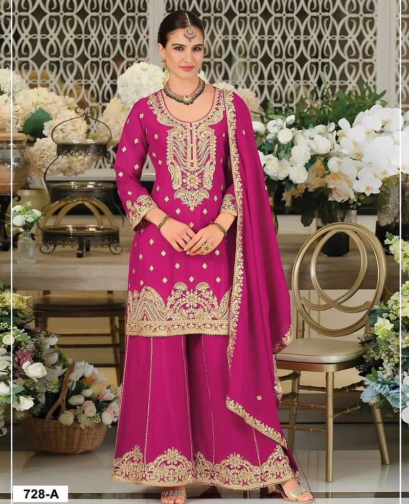 Rani pink heavy blooming chinon silk suit set with zarkhan work
