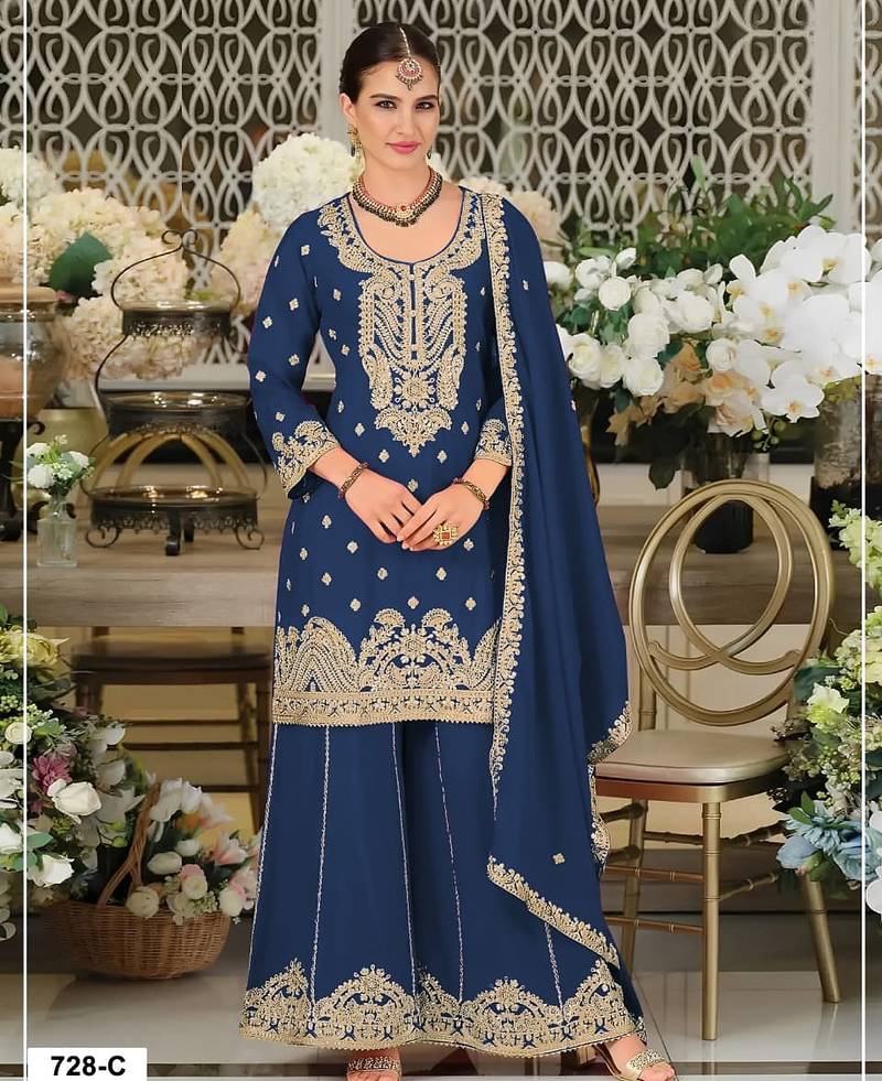 Blue heavy blooming chinon silk suit set with zarkhan work