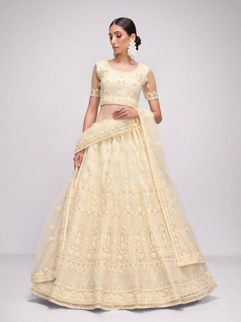 Bridal Off White Sequence Embroidered Wedding Lehenga Choli And Semistitche Blouse For Women's