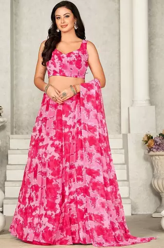 Women Printed Tie and Dye V-Neck Ready to Wear Lehenga & Blouse With Dupatta