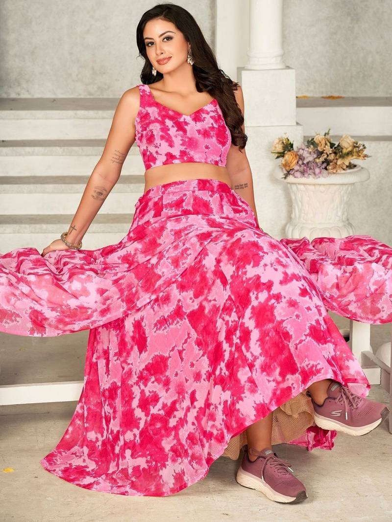 Women Printed Tie and Dye V-Neck Ready to Wear Lehenga & Blouse With Dupatta