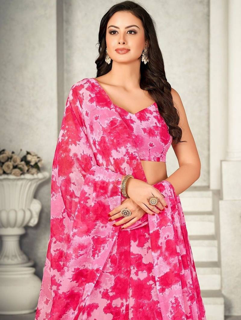 Women Printed Tie and Dye V-Neck Ready to Wear Lehenga & Blouse With Dupatta