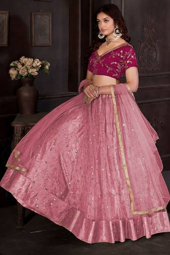 Embroidered Sequinned Net Semi-Stitched Lehenga & Unstitched Blouse & Dupatta