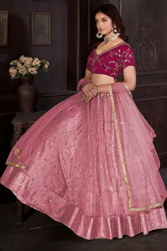 Embroidered Sequinned Net Semi-Stitched Lehenga & Unstitched Blouse & Dupatta