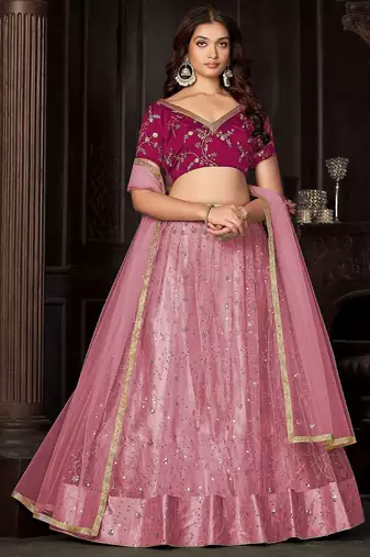 Embroidered Sequinned Net Semi-Stitched Lehenga & Unstitched Blouse & Dupatta