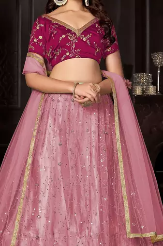 Embroidered Sequinned Net Semi-Stitched Lehenga & Unstitched Blouse & Dupatta