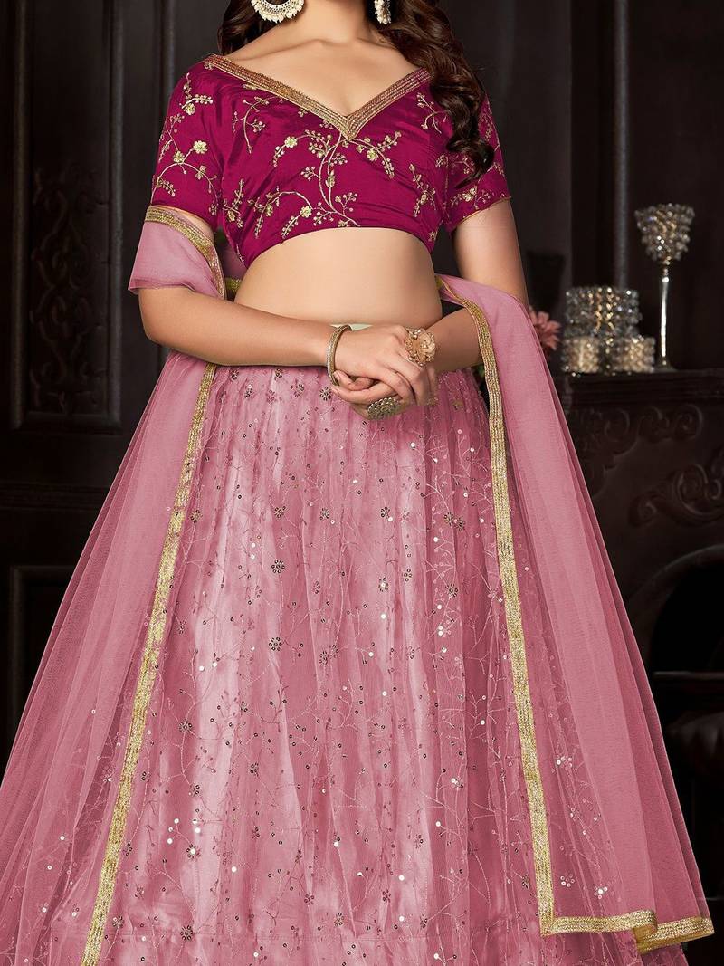 Embroidered Sequinned Net Semi-Stitched Lehenga & Unstitched Blouse & Dupatta