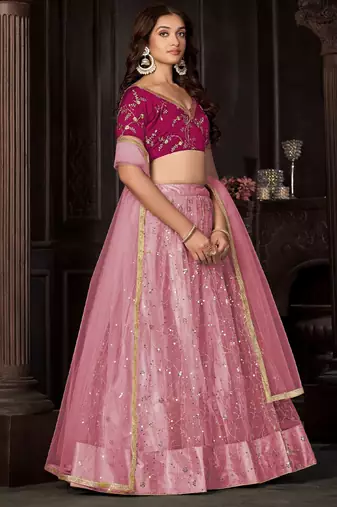 Embroidered Sequinned Net Semi-Stitched Lehenga & Unstitched Blouse & Dupatta