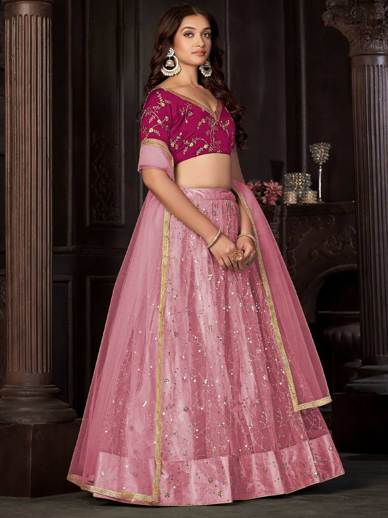 Embroidered Sequinned Net Semi-Stitched Lehenga & Unstitched Blouse & Dupatta