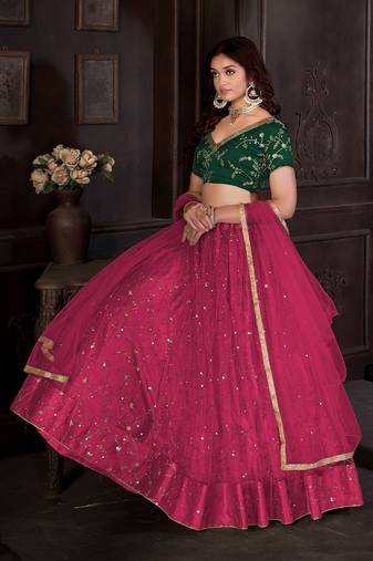 Embroidered Sequinned Net Semi-Stitched Lehenga & Unstitched Blouse & Dupatta