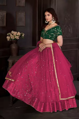 Embroidered Sequinned Net Semi-Stitched Lehenga & Unstitched Blouse & Dupatta