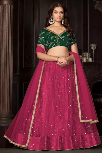 Embroidered Sequinned Net Semi-Stitched Lehenga & Unstitched Blouse & Dupatta