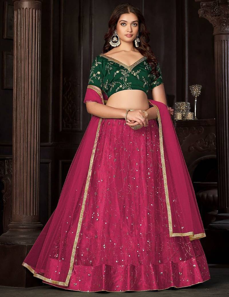 Embroidered Sequinned Net Semi-Stitched Lehenga & Unstitched Blouse & Dupatta
