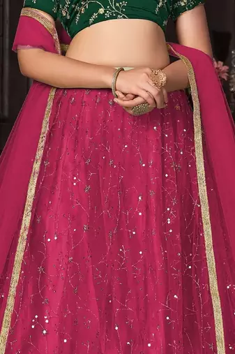 Embroidered Sequinned Net Semi-Stitched Lehenga & Unstitched Blouse & Dupatta