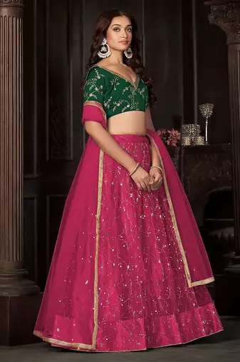 Embroidered Sequinned Net Semi-Stitched Lehenga & Unstitched Blouse & Dupatta