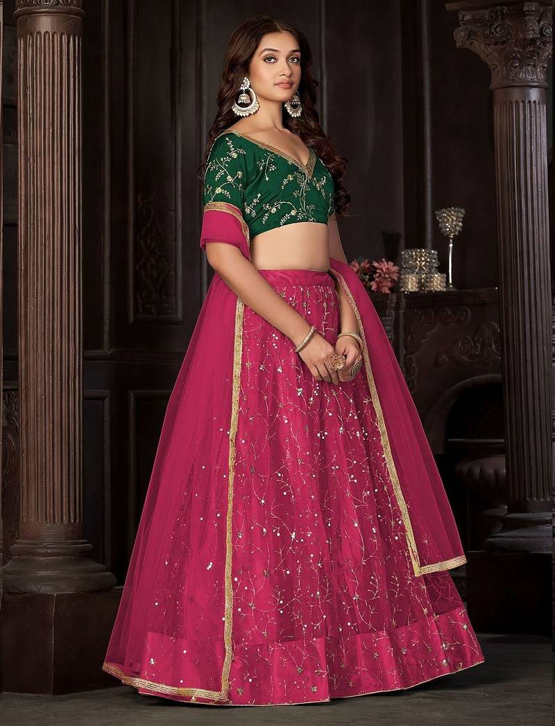 Embroidered Sequinned Net Semi-Stitched Lehenga & Unstitched Blouse & Dupatta