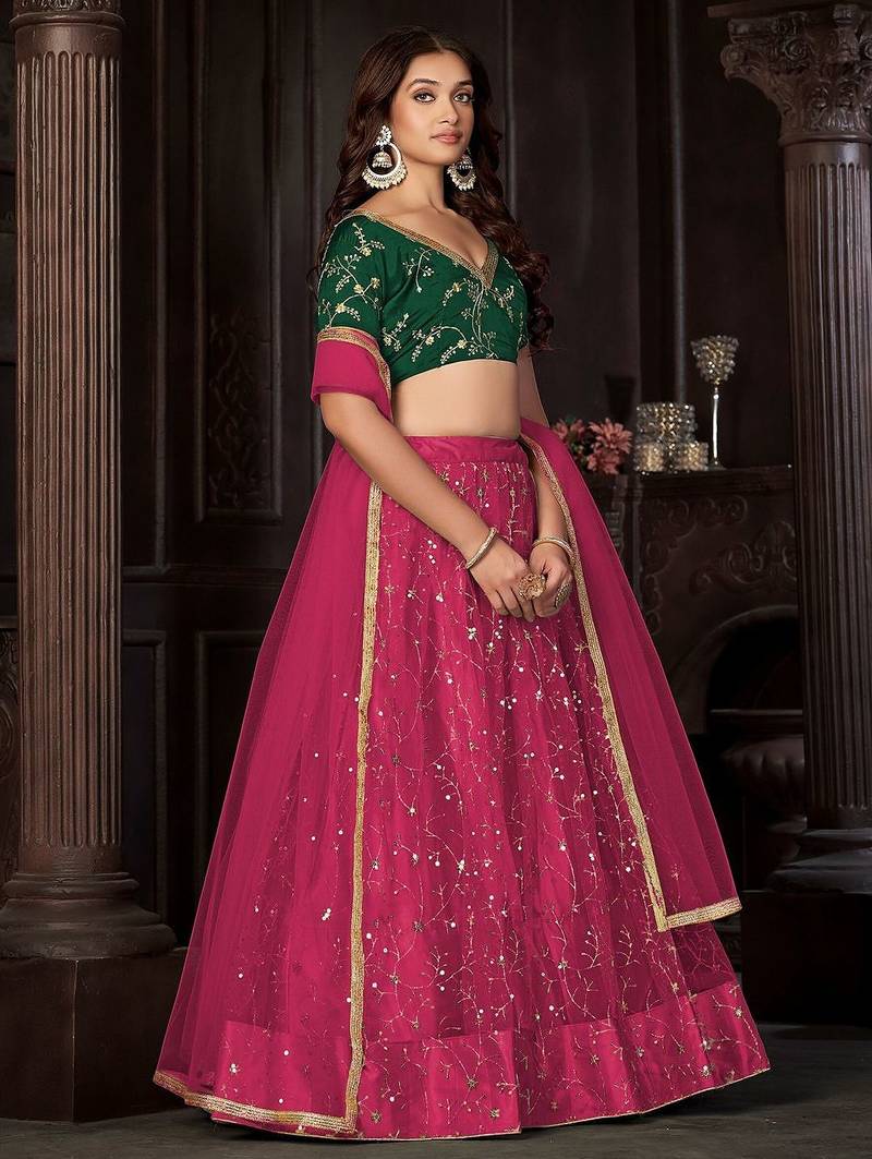 Embroidered Sequinned Semi-Stitched Lehenga & Unstitched Blouse With Dupatta