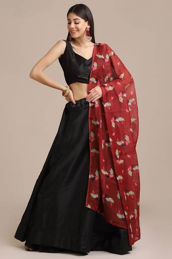 Black & Red Printed Lehenga & Unstitched Blouse With Dupatta