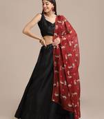 Black & Red Printed Lehenga & Unstitched Blouse With Dupatta
