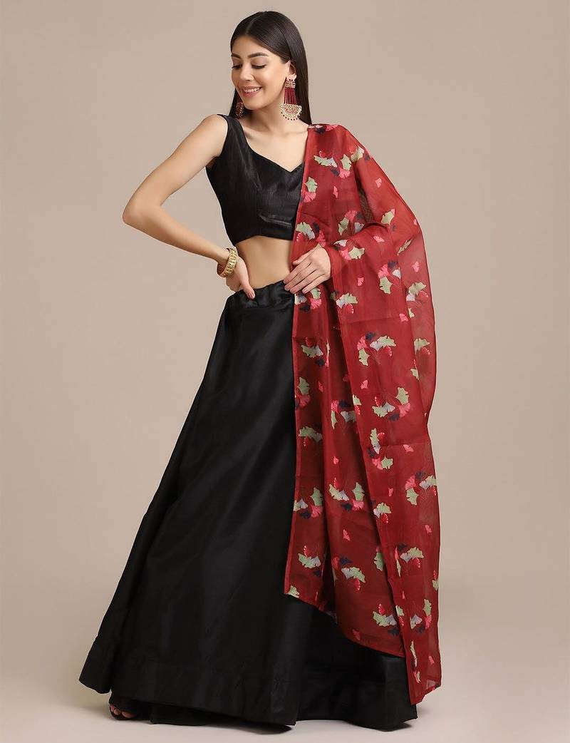 Black & Red Printed Lehenga & Unstitched Blouse With Dupatta