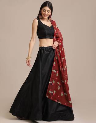 Black & Red Printed Lehenga & Unstitched Blouse With Dupatta 4