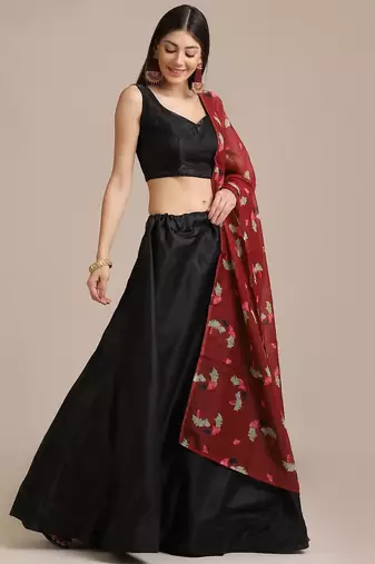 Black & Red Printed Lehenga & Unstitched Blouse With Dupatta