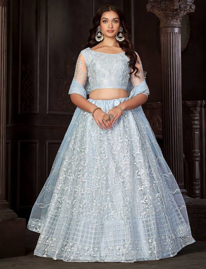 Embroidered Net Semi-Stitched Lehenga & Unstitched Blouse With Dupatta
